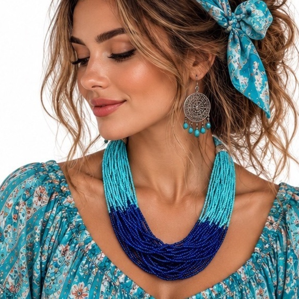 Multi Strand Seed Bead Statement T Logo Necklace Turquoise Cobalt Blue Ombre